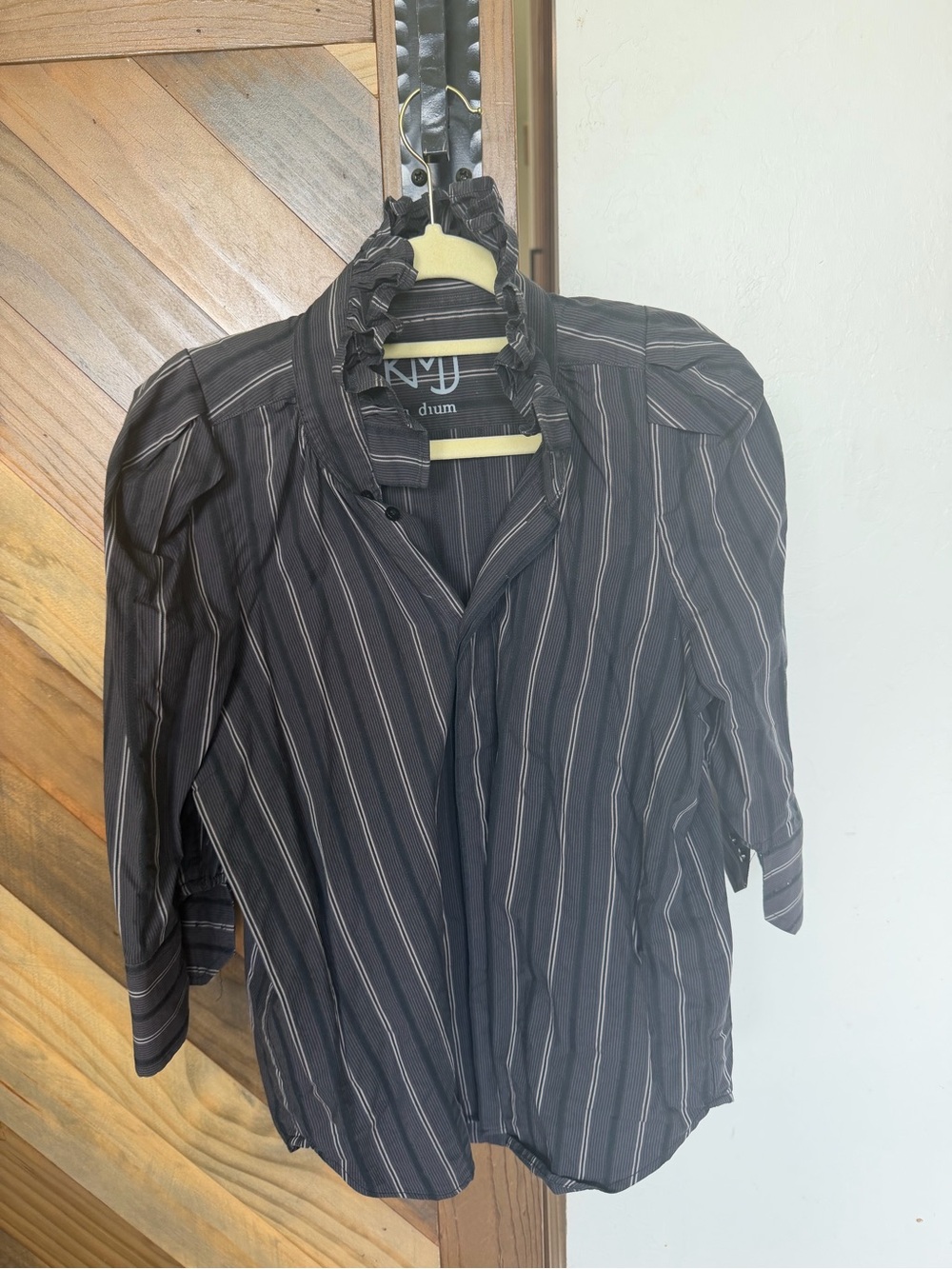 NYDJ Black Pinstripe Ruffle Collar Button-Front Blouse